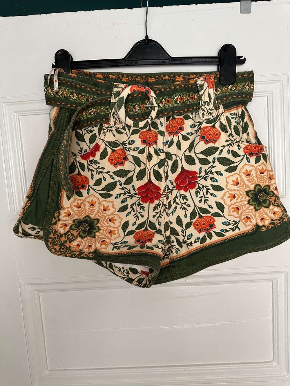 FARM Rio Cream Shorts with Green Trim and Red-Orange Floral Embroidery